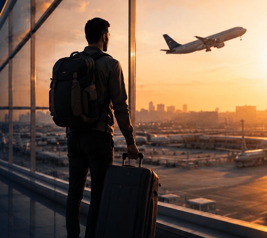 Traveller with backpack and suitcase watching a plane take off through an airport window at sunset